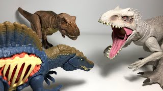 Unexpected Alliance TRex Spinosaurus vs Indominus Rex  Jurassic World Toys Battles [upl. by Ycam889]