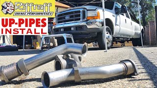 2001 F350 73  RiffRaff UpPipes Install  Stock up pipes leaking and falling apart JUNK SP [upl. by Yreffeg]