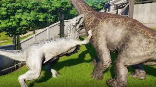 INDOMINUS REX Vs APATOSAURUSBRACHIOSAURUSCAMARASAURUSMAMENCHISAURUS  Jurassic World Evolution [upl. by Allit]